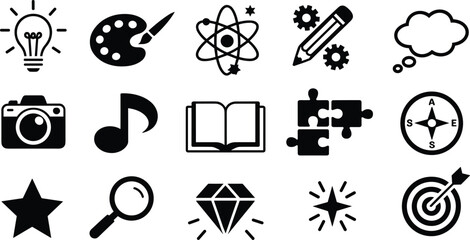 Education and Creativity Icons Set Lightbulb Puzzle Book vector illustration © It's Sahed