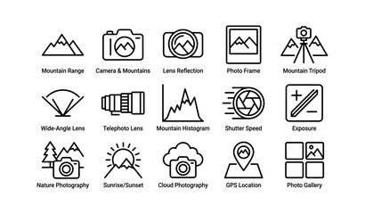 Fototapeta premium Photography icon set with camera, lens, mountain, and sunset themes