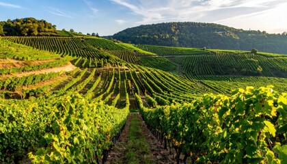 Fototapeta premium Expansive vineyard landscape with meticulously pruned grapevines stretching across rolling sunlit hills