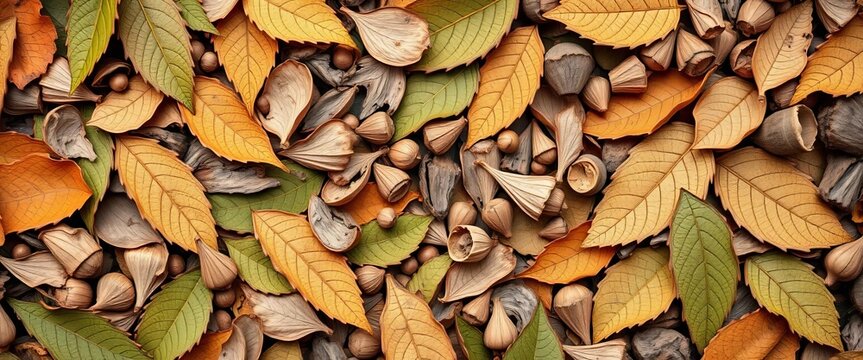 Intricate leaf, seed, and wood textures form a natural pattern background, plant, grain