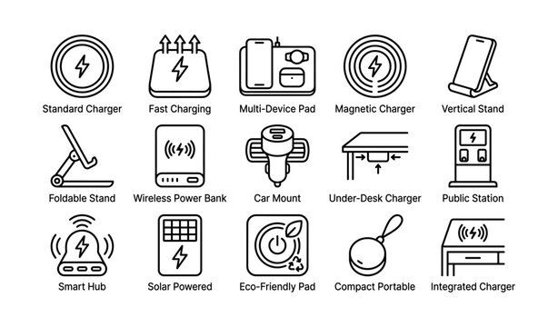 Charging solutions icons including foldable stand, wireless power bank, car mount, multi-device pad
