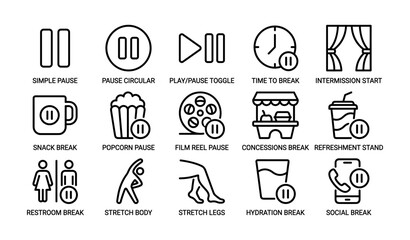 Fototapeta premium Pause icons: break, snack, film, stretch, hydration, social