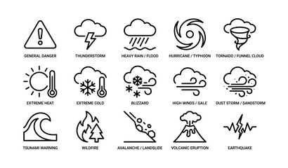 Naklejka na ściany i meble Weather alert icons representing natural disasters and severe conditions