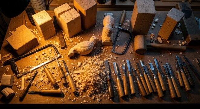 A cluttered workbench with various woodworking tools and wooden blocks in a workshop setting.