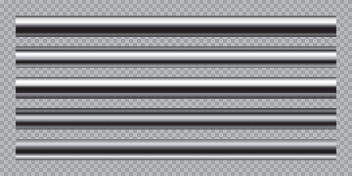 Metal steel pipes set. Metallic rods cylindrical forms with smooth highlights, dark light reflections in parallel horizontal arrangement. Polished industrial tubes. Realistic vector illustration.