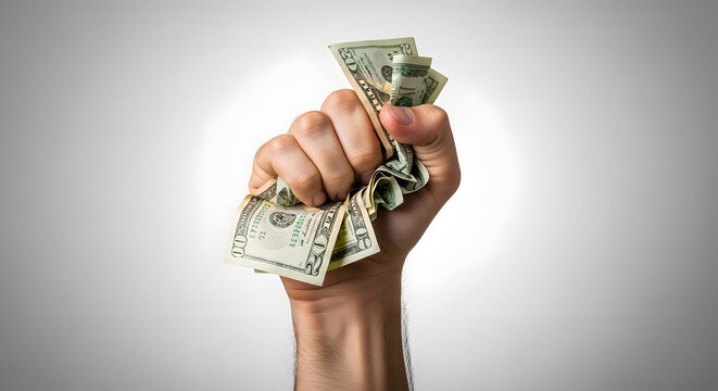 hand squeezing money tightly | crumpled dollar bills in fist | financial greed and wealth concept | struggle for money and debt | clenched fist with cash