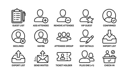 Fototapeta premium Guest management icons: attendee, vip, check-in, invitation, export