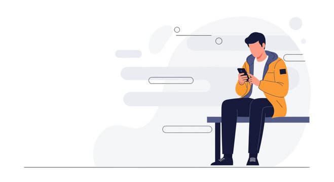 Man in Yellow Jacket Sitting on Bench Using Smartphone, Modern Flat Illustration