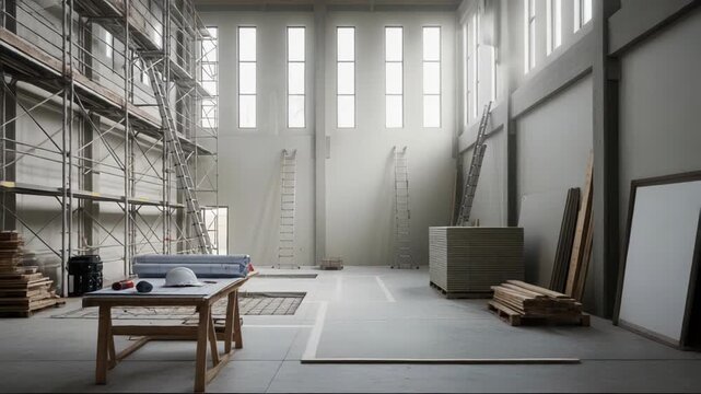 A large, empty room with scaffolding, ladders, and construction materials