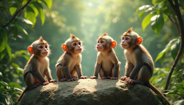 Four young monkeys sit together on a sunlit rock. They look curious and attentive. Rich green foliage surrounds them. These primates appear playful.