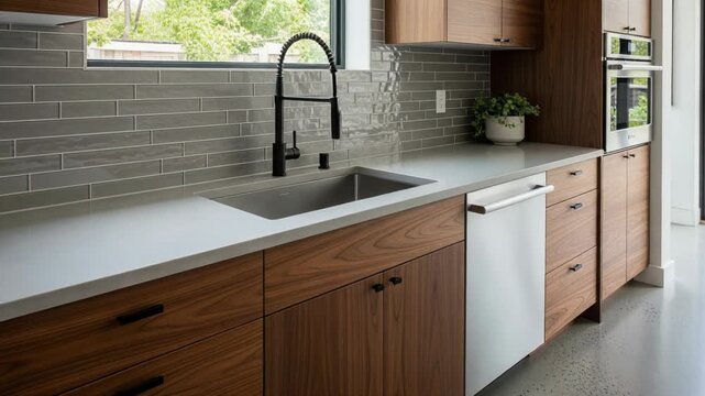 A modern kitchen with wooden cabinets, white countertops, and a gray brick backsplash