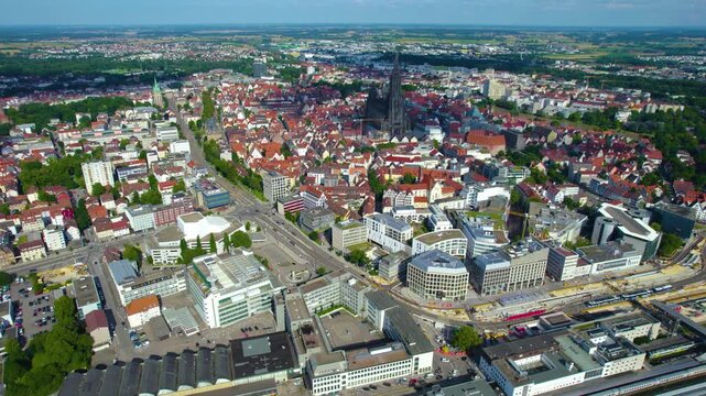 Aerial view beside the old town of the city Ulm and the M&uuml;nster cathedral on a sunny noon in spring in Germany, Baden-W&uuml;rttemberg.