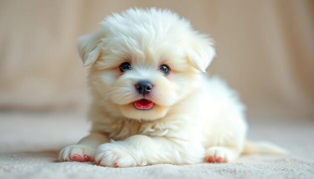 Fluffy white caniche puppy, playful pose, soft fur,  white,  energetic