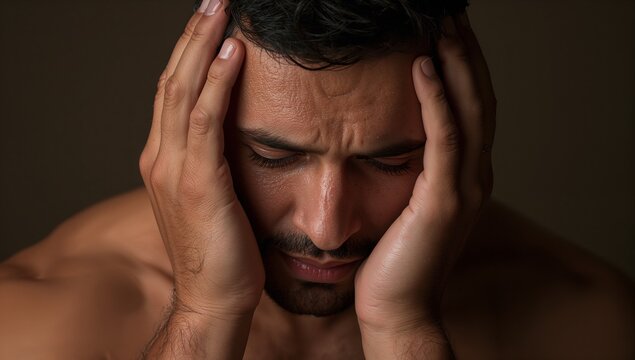 Clutching Middle Eastern man pressing hands to temples in studio, bare-chested with trimmed beard