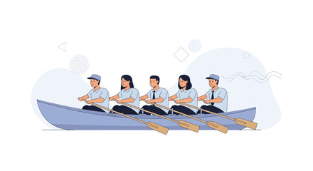 Obraz premium Teamwork rowing boat, business people working together, unity, collaboration, success