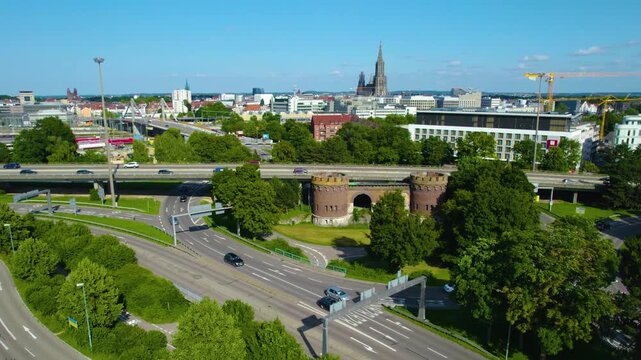 Aerial view beside the old town of the city Ulm and the M&uuml;nster cathedral on a sunny noon in spring in Germany, Baden-W&uuml;rttemberg.