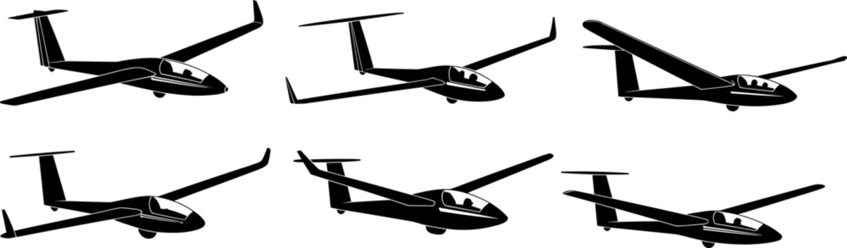 Glider aircraft silhouette illustration, aviation design collection, aerodynamics study, educational flight comparison artwork