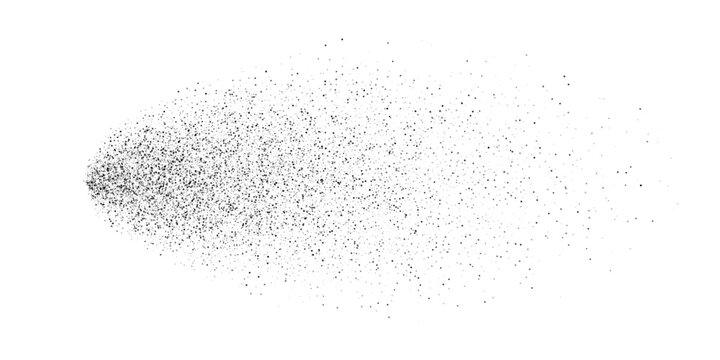 Spray splatter background with dense black particles fading into scattered dots on white. Dynamic dispersion effect of aerosol flow. Minimal vector illustration with clean monochrome style