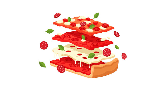 Pizza Deconstruction: A mouthwatering pizza, sliced into layers, displaying the individual components: crust, sauce, cheese, and toppings, inviting viewers to appreciate each element