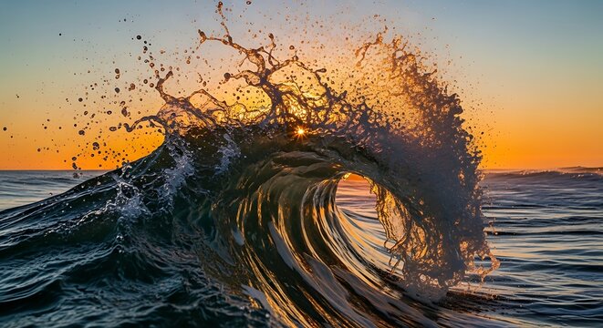 Ocean wave crashing with sunset light on water surface