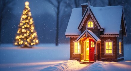 Fototapeta premium Cozy winter wonderland house with snowy roof and christmas tree architecture design concept