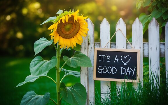 A vibrant sunflower stands beside a white garden fence with a sign that says it's a good day
