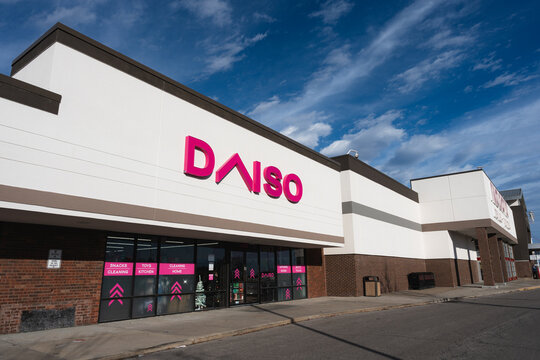 Daiso Japanese gift shop sign at a shopping center, Kansas City, Missouri. December 2025