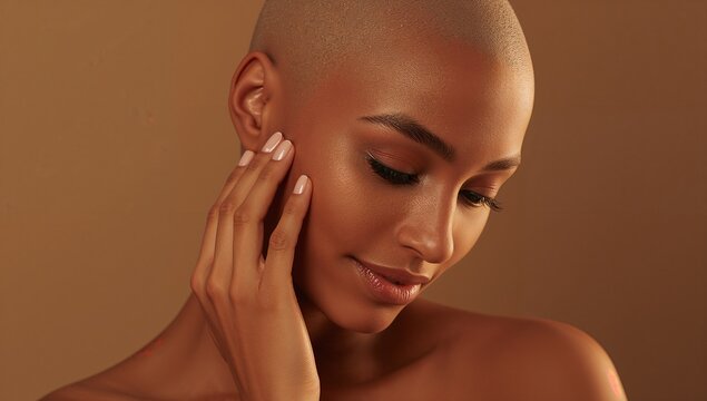 Tilting head, bald model touching cheek with manicured nails on warm backdrop, strapless, makeup