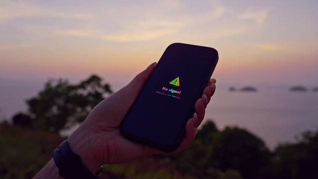 Closeup Woman Holding Smartphone Showing No Signal Message at Ocean Cliff during Sunset with Island Horizon Demonstrating Communication Problem and Remote Travel Location