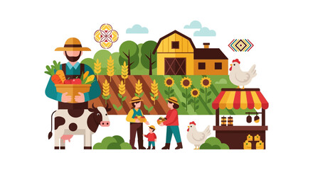 Naklejka premium Sustainable Family Farming and Harvest Illustration. Organic Agriculture, Local Produce Market Stand with Farmers, Cow, and Chickens.