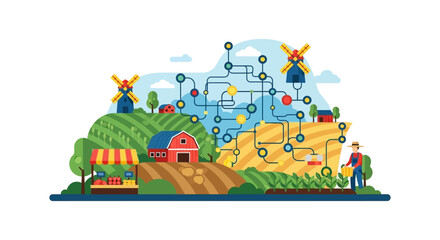 Naklejka premium Smart Farming and Digital Agriculture Concept Illustration. Data network connects farm, farmer, crops, and supply chain management using IoT technology.