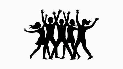 Group of happy people dancing together in celebration with raised arms in black silhouette on white background