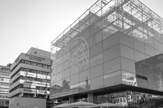Stuttgart, Germany- April 4, 2025: Art Museum Stuttgart (Kunstmuseum Stuttgart), a contemporary and modern art exhibition museum glass building exterior in downtown city center in black and white
