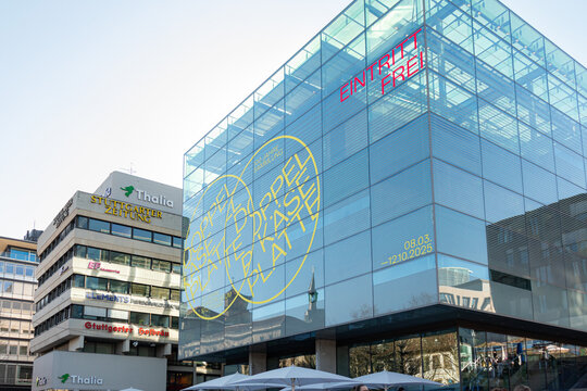 Stuttgart, Germany- April 4, 2025: Art Museum Stuttgart (Kunstmuseum Stuttgart), a contemporary and modern art exhibition museum glass building exterior in downtown city center