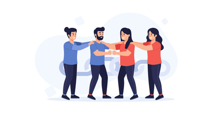 Fototapeta premium Teamwork and unity: four people holding hands in a chain, symbolizing connection and support
