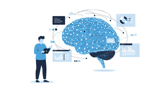 Vector illustration of man interacting with brain and digital devices