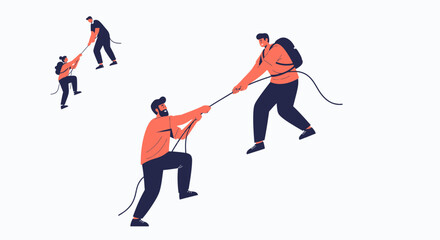 Fototapeta premium Teamwork climbing mountain helping each other with rope, success, support, collaboration