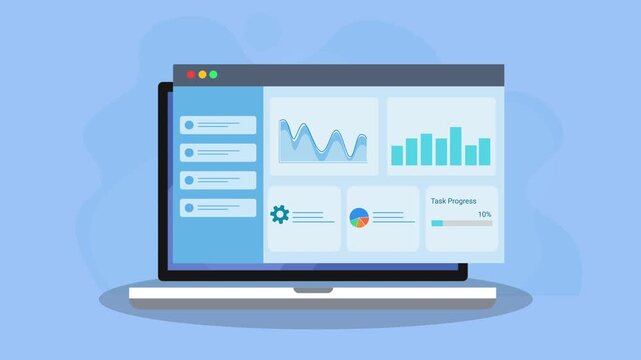 Animated laptop displaying a data analytics dashboard with charts, graphs, and settings gear icon. Flat vector motion design representing system configuration, monitoring, and digital technology inter