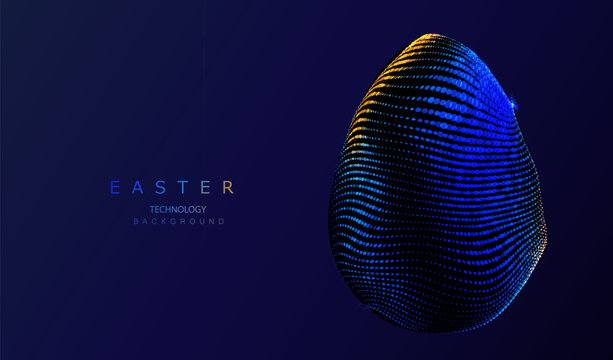 Retro 3d Easter eggs isolated on blue dark background. AI vintage technology easter egg card in halftone dotted pattern concept.
