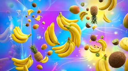 Fototapeta premium Colorful Floating Bananas and Fruits Against a Vibrant Background 
