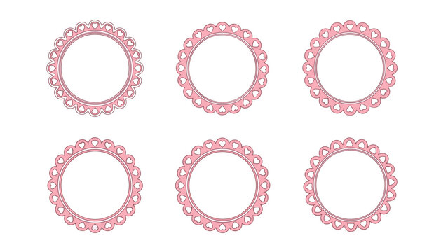 Set of six decorative circular frames featuring intricate heart patterns in pink and white is presented as a collection of romantic design borders.