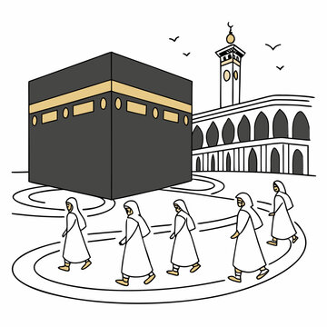 Of muslim pilgrims circling kaaba mecca islamic white background