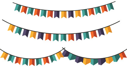 Fototapeta premium Three long rows of colorful flag bunting banners in muted orange teal purple and gold tones over a white background.