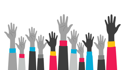 Fototapeta premium Group of raised human hands with gray skin tones and various brightly colored sleeves reaching upwards on a white background.