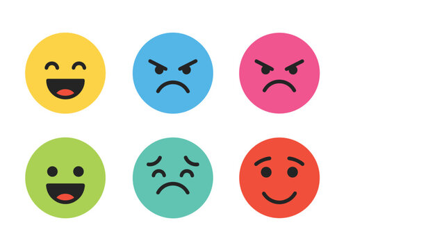 Set of six circular smiley face icons in various colors depicting happy angry sad and neutral emotions on a clean white background.