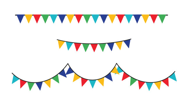 Vibrant collection of party bunting garlands with multi colored triangular flags in straight curved and layered strings on white.