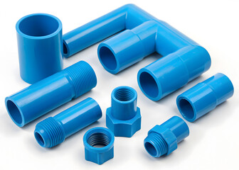 Fototapeta premium Assortment of blue plastic pipes and various plumbing fittings on a transparent background