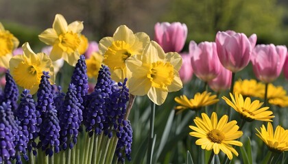 Obraz premium Beautiful Mixed Flower Garden With Tulips, Lavender, And Sunflowers High Resolution Photo