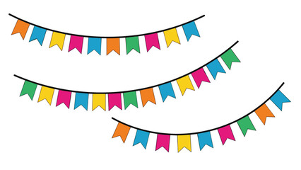 Obraz premium Three strings of colorful triangular bunting flags for festive party decorations and celebration backdrop designs.