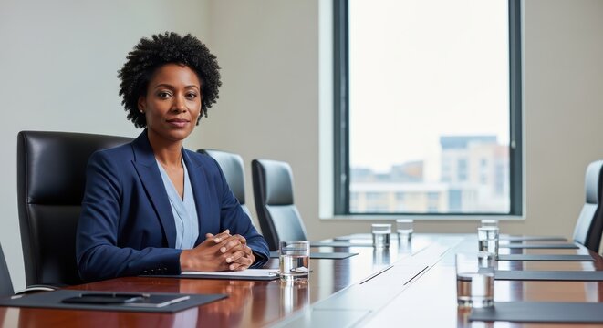 A confident African American businesswoman sitting at a conference table in a modern office
